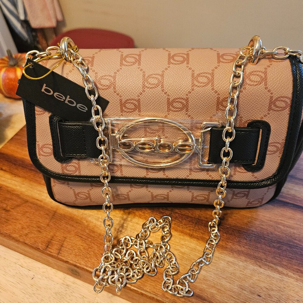 Bebe Leilani printed logo monogram shoulder bag with gold chain brand new